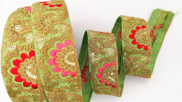 Green Art Silk Trim With Intricate Floral Embroidery With Sequins, Lace Trim, Indian Lace Trim